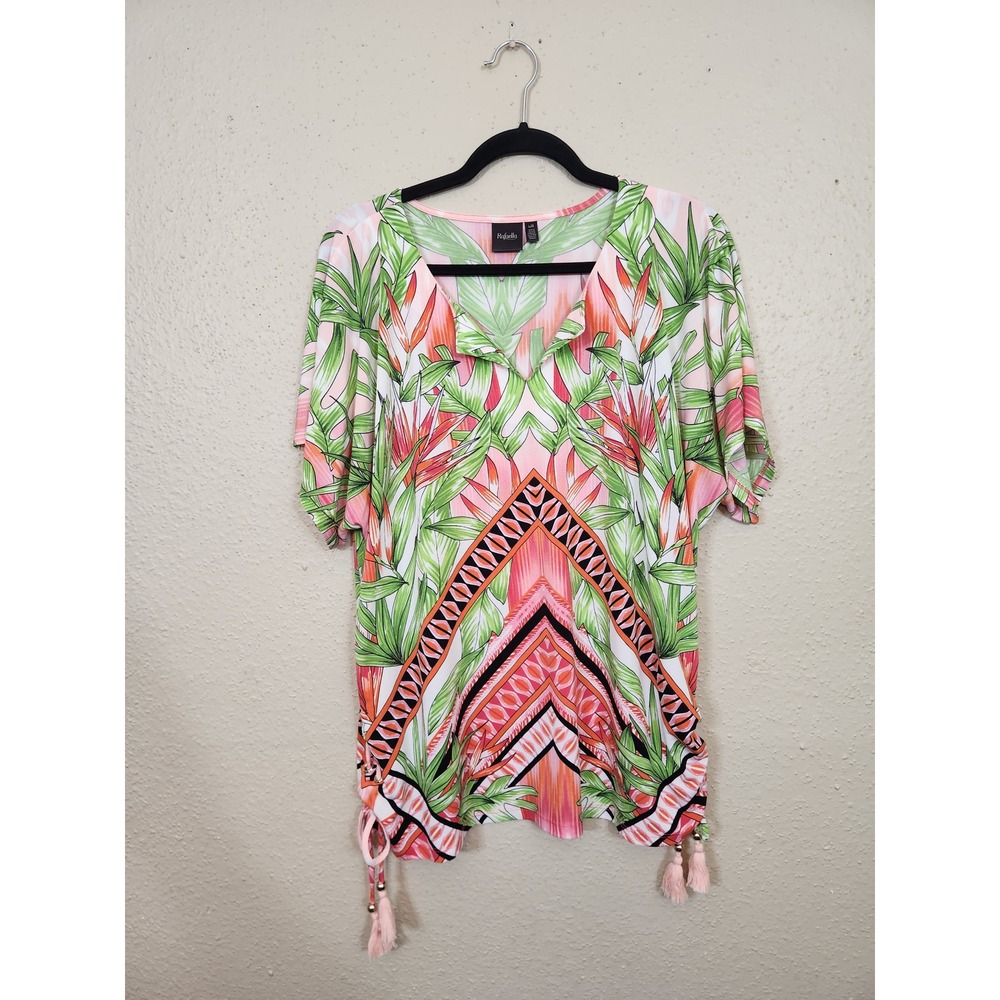 Rafaella Tropical Print Short Sleeve Blouse with Tassels Multicolor Size‎ L